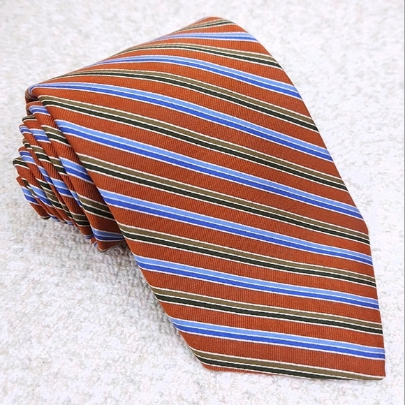 Brooks Brothers Pure Silk Tie Blue Green Orange Striped Stain Resistant - Picture 1 of 5